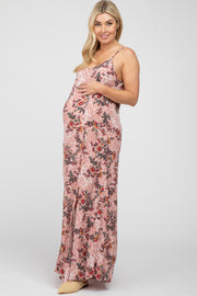 Pink Floral Paisely Side Slit Maternity Maxi Dress