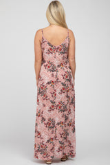 Pink Floral Paisely Side Slit Maternity Maxi Dress