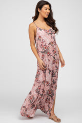 Pink Floral Paisely Side Slit Maxi Dress