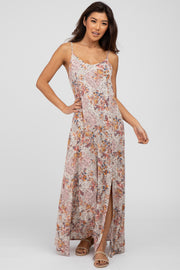 Beige Floral Paisely Side Slit Maxi Dress