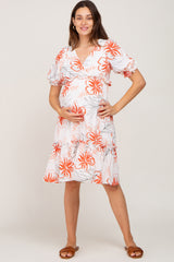 Ivory Tropical Floral Printed Wrap Front Ruffle Hem Maternity Midi Dress