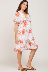 Ivory Tropical Floral Printed Wrap Front Ruffle Hem Maternity Midi Dress