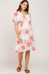 Ivory Tropical Floral Printed Wrap Front Ruffle Hem Maternity Midi Dress