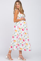 White Floral Smocked Maternity Maxi Dress