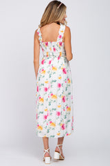 White Floral Smocked Maternity Maxi Dress