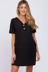 Black Ribbed Button Accent Maternity Dress