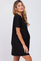 Black Ribbed Button Accent Maternity Dress