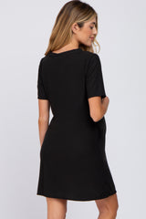 Black Ribbed Button Accent Maternity Dress