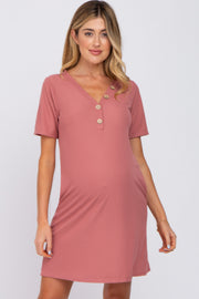 Mauve Ribbed Button Accent Maternity Dress