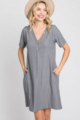 Grey Ribbed Button Accent Dress