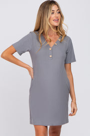 Grey Ribbed Button Accent Maternity Dress