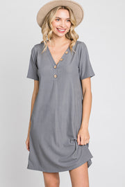 Grey Ribbed Button Accent Dress