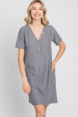 Grey Ribbed Button Accent Dress