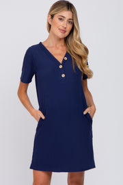 Navy Ribbed Button Accent Maternity Dress