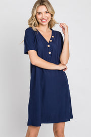 Navy Ribbed Button Accent Dress