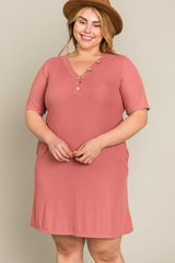 Mauve Ribbed Button Accent Plus Dress