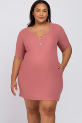 Mauve Ribbed Button Accent Maternity Plus Dress