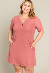 Mauve Ribbed Button Accent Plus Dress