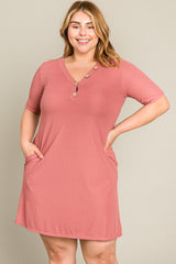 Mauve Ribbed Button Accent Plus Dress