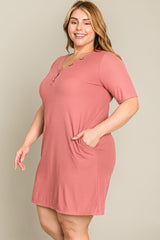 Mauve Ribbed Button Accent Plus Dress