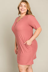 Mauve Ribbed Button Accent Plus Dress