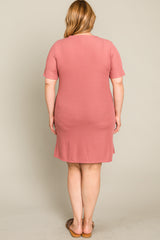 Mauve Ribbed Button Accent Plus Dress