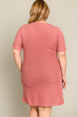 Mauve Ribbed Button Accent Plus Dress