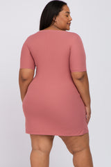 Mauve Ribbed Button Accent Maternity Plus Dress