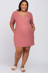 Mauve Ribbed Button Accent Maternity Plus Dress