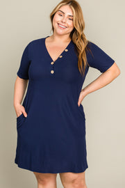 Navy Ribbed Button Accent Plus Dress