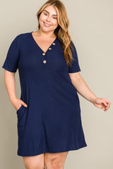 Navy Ribbed Button Accent Plus Dress