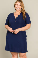 Navy Ribbed Button Accent Plus Dress