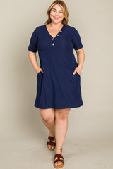 Navy Ribbed Button Accent Plus Dress