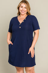 Navy Ribbed Button Accent Plus Dress