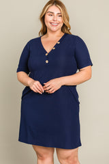 Navy Ribbed Button Accent Plus Dress