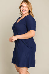 Navy Ribbed Button Accent Plus Dress