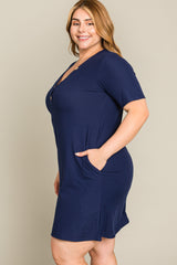 Navy Ribbed Button Accent Plus Dress