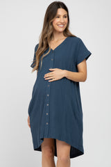 Navy Linen Button Front Maternity Dress