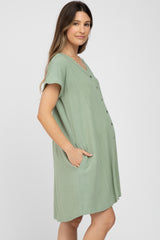 Sage Green Linen Button Front Maternity Dress