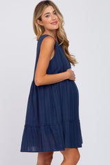 Navy Blue Jacquard Tiered Maternity Dress