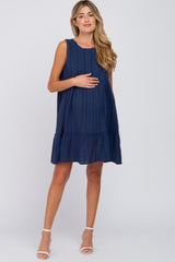 Navy Blue Jacquard Tiered Maternity Dress