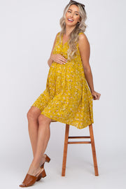 Mustard Floral Sleeveless Button Down Maternity Dress