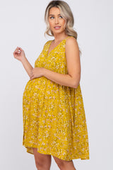 Mustard Floral Sleeveless Button Down Maternity Dress