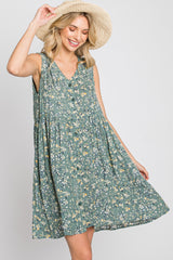 Light Olive Floral Sleeveless Button Down Dress