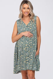 Light Olive Floral Sleeveless Button Down Maternity Dress