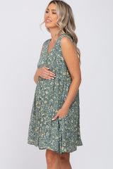 Light Olive Floral Sleeveless Button Down Maternity Dress