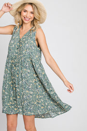 Light Olive Floral Sleeveless Button Down Dress