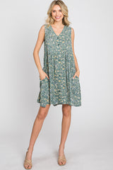 Light Olive Floral Sleeveless Button Down Dress