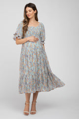 Light Blue Floral Chiffon Smocked Square Neck Maternity Midi Dress