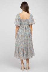 Light Blue Floral Chiffon Smocked Square Neck Maternity Midi Dress